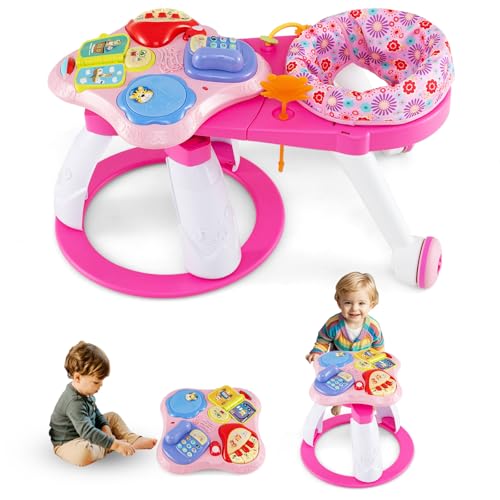 INFANS 3 in 1 Walk Around Baby Activity Center, Baby Walker with Play Table, Wheels, Detachable Seat Cushion, 3 Adjustable Heights, Learning Toys for Boys Girls Aged 6-36 Months (Pink)
