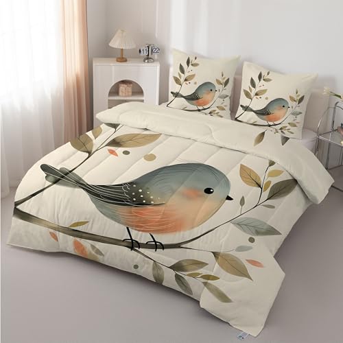 Boceoey Pájaro Edredón Cama 90 Flores - Edredón Reversible 4 Estaciones de Microfibra, Diseño Pájaro Lindo Animal, Suave y Transpirable Relleno Nórdico 180x220 cm y 2 Fundas de Almohada AX-494