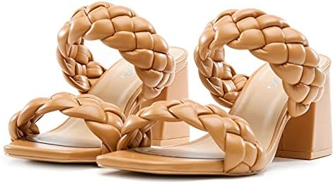 Soda Mostly ~ Women's Braided Open Toe Double Strap Stacked Heels, 9, Camel | Image 3