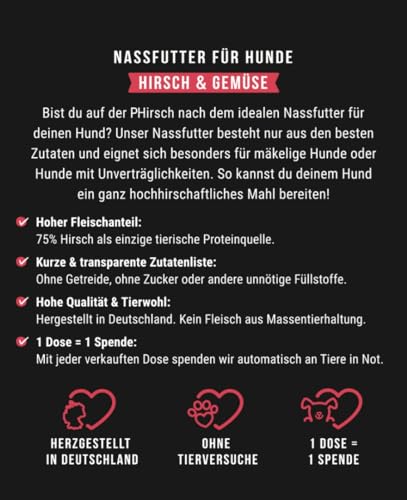 Tales & Tails Auf der PHIRSCH Nassfutter für Hunde | Mit 75% Hirsch als tierische Proteinquelle | Monoprotein | Nur 6 Zutaten | Hohe Akzeptanz & Verträglichkeit | 1x 400g