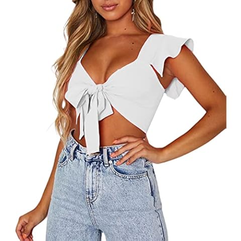 SOFIA'S CHOICE Women Ruffle Sleeveless Crop Top Summer Tie Front Cropped Shirt, White, Medium Cover