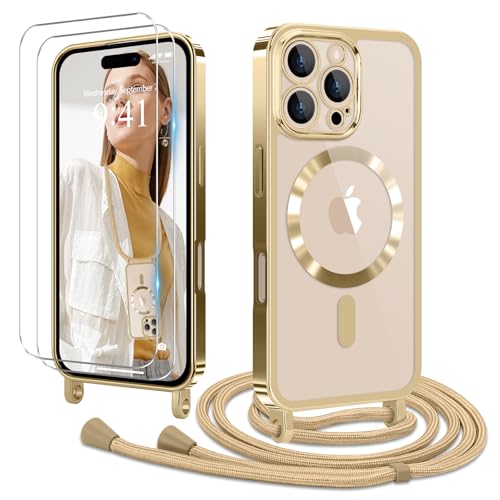 Ethanger Handyband für iPhone 16 Pro Hülle mit Band + 2 Stück Glas Schutzfolie Transparent Silikon Handyhülle Magnetische Schutzhülle Case zum Umhängen Kordel für iPhone 16 Pro Gold