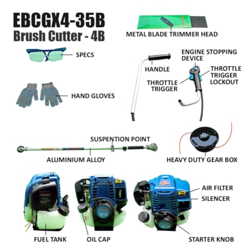 Image of EASTMAN 4-Stroke Brush Cutter (EBCGX4-35S) - 35.8CC Gas Grass Trimmer, U-Handle, 139F Engine, 0.8KW @ 7500 RPM, Heavy-Duty Weed Cutter with Blade & Accessories