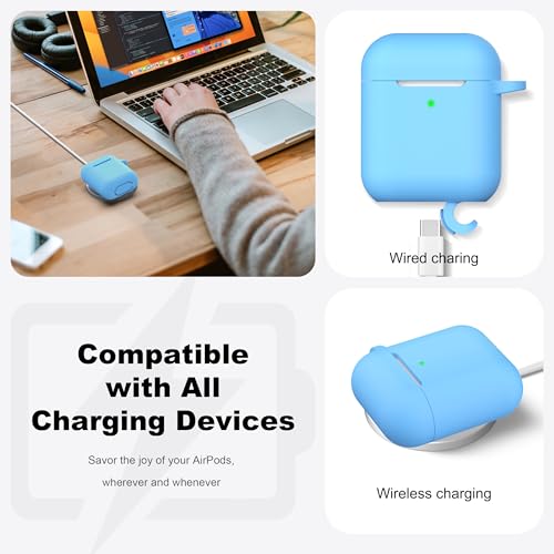 Image of AirPods Case Cover with Keychain, Full Protective Silicone AirPods Accessories Skin Cover for Women Girl with Apple AirPods Wireless Charging Case,Front LED Visible-Light Blue