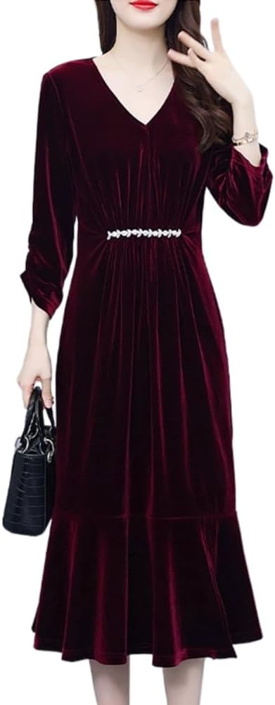 Temperament Velvet Dress for Women in Autumn Mother Waist Slimming Fish Skirt