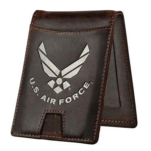 Military Veteran Products Air Force Wallet Genuine Crazy Horse Leather RFID-Blocking Bi-Fold Card Holder with Money Clip USAF Leather Wallet Brown