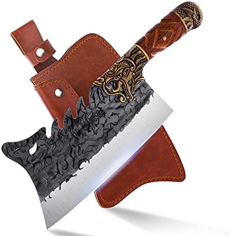 ROCOCO Kitchen Knife Meat Cleaver Heavy Duty Bone Meat Chopper Large Hand Forged Chinese Dragon Viking Cutter Kitchen Outdoor with Sheath Birthday Father Mother Christmas Gift for Men 8.6 Inch