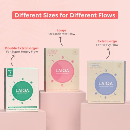 Image of LAIQA Ultra Soft Moderate Flow Sanitary Pads for Women| 60 Large Premium Pads with 60 Disposable Bag + 4 Free Pantyliners|Made with Natural Fibers|Rash-Free Pads with 4 wings|No Chlorine|No Fragrance
