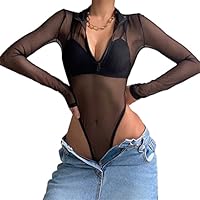 YAODAMAI Body con Cremallera Transparente de Malla para Mujer, Chaqueta Interior Negra con Fondo Delgado y Chaqueta Interior Negra para Mujer
