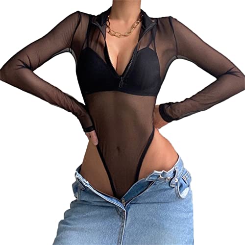 YAODAMAI Body con Cremallera Transparente de Malla para Mujer, Chaqueta Interior Negra con Fondo Delgado y Chaqueta Interior Negra para Mujer Cover