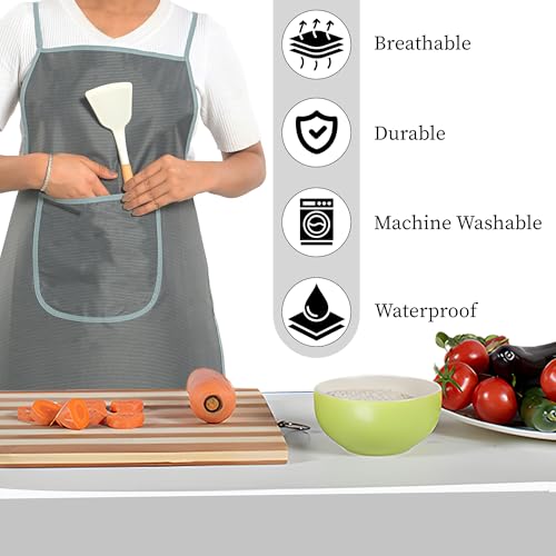 Image of Kuber Industries 2 Pcs PVC Waterproof Apron for Women & Men with Center Pocket | Machine Washable Kitchen Apron for Home, Grill & Restaurant | Mini Check Print - Grey
