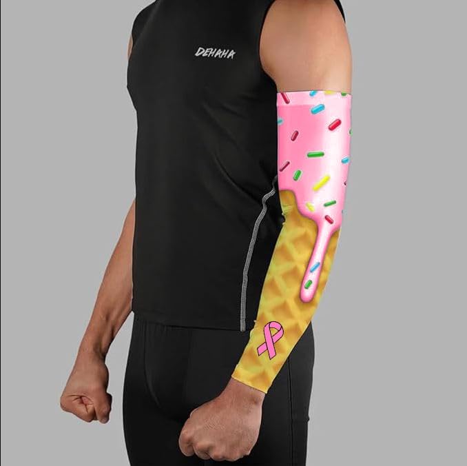 Pink Breast Cancer Ribbon Football Baseball Compression Arm Sleeve, Strawberry Ice Cream Drip2