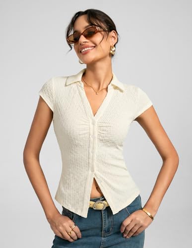Womens Button Down Shirts, Ruched Summer Tops with Y2K Collar, Slim Fit Short Sleeve Dressy Casual Blouses(White, L) — view 2