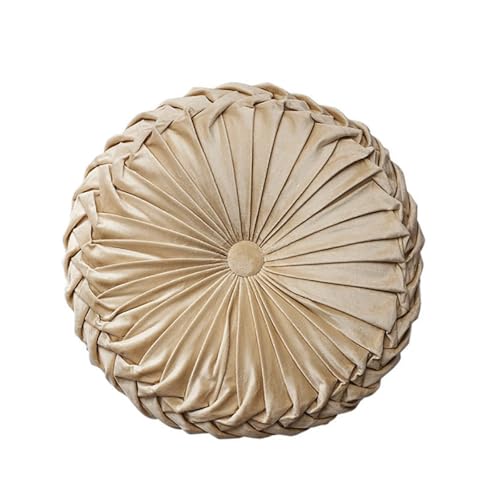 Fylldso Round Pumpkin Cushion, Handcrafted Velvet Filled Throw Pillow, Pleated Decorative Cushion for Sofa, Bed, Chair, Floor, Car (Beige)
