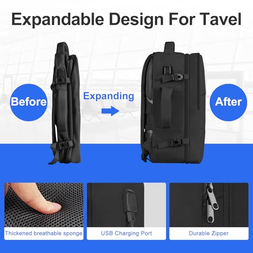 Taygeer Ryanair Cabin Bag 55x40x20 Travel Rucksack Cabin Size, 44L Rucksack for Plane Hand Luggage 55x40x20 Flight Approved Travel Backpack Men Fit 18.4 Inch Laptop with Separate Shoe Pouch, Black - Image 6