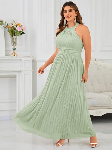 Image of Ever-Pretty Plus Women's Floor Length A-Line Halter Sleeveless Pleated Glitter Plus Size Formal Dress Evening Gown