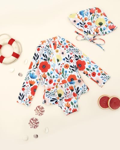 babygoal Infant Baby Girl One-Piece Swimsuit Long Sleeve Rash Guard with Hat for UPF 50+ Sun Protection2
