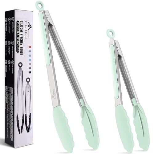 Hotec Premium Stainless Steel Locking Kitchen Tongs with Silicon Tips, Set of 2-9" and 12" Light Green