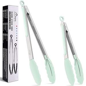 Hotec Premium Stainless Steel Locking Kitchen Tongs with Silicon Tips, Set of 2-9″ and 12″ Light Green