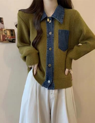 Image of Womens Sweaters Patchwork Denim Sweater Cardigan Long Sleeve Chunky Knit Cardigans Fall Cardigan
