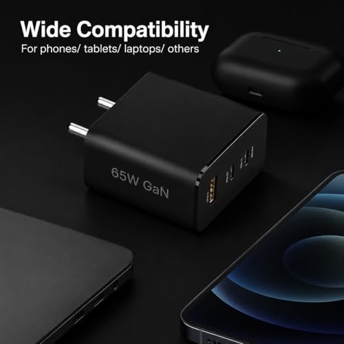 Image of AILKIN GaN Charger 65W 3 Port Fast Charger PD Charger 2 USB Type C + 1 USB Wall Charging Adapter Compatible with Nothing Phone 3a Plus 2a Plus 2 CMF Phone 1 Samsung Galaxy S25 S24 iPhone 16 15 | Black