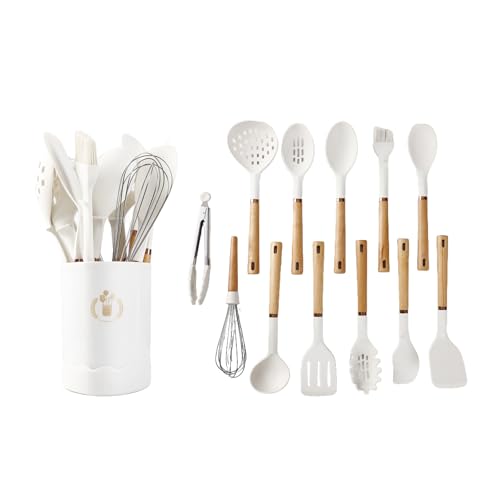 Jiufei Home Silicone Cooking Utensils Set, Kitchen Utensils Set 13 Pcs for cooking, BPA Free Spatula Set with Heat Resistant Wood Handles for Nonstick Cookware Dishwasher Safe?white?