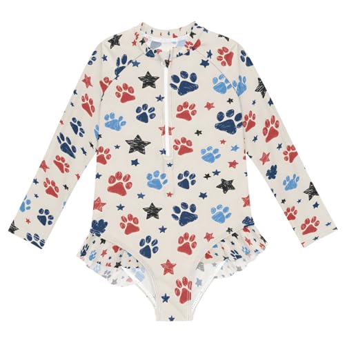 ALAZA Dog Paw Print Star Blue Red Girls One Piece Swimsuit Long Sleeve Rashguard Swimsuit UV 50+ Swimwear Zip