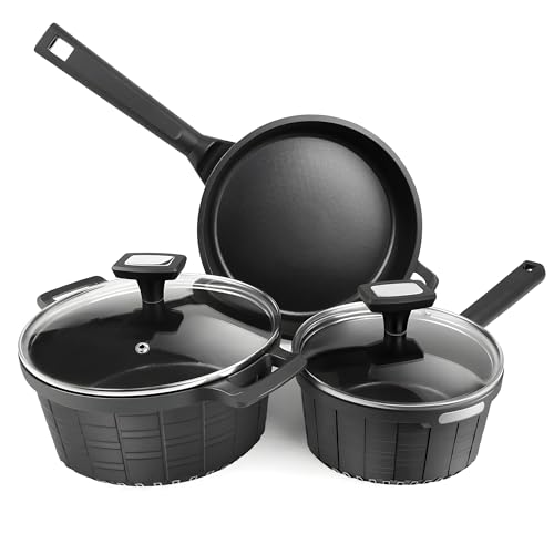 Tieplis Pots and Pan Set, 5-Piece Cookware Sets with Lids, Induction Kitchen Cookware Sets with Stay Cool Handles, Forged Aluminum Pots and Pans Set Nonstick, Oven & Dishwasher Safe, Black, PFOA Free
