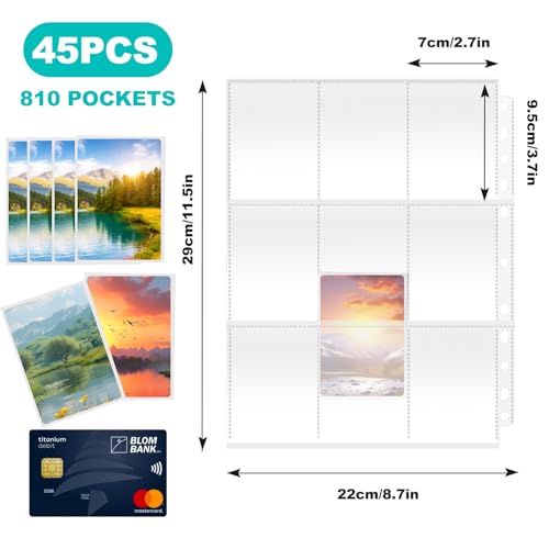 810 Pockets Sammelkarten Hüllen, 45 Seiten Pockets Sammelkarten, Doppelseitiger 9 Taschen Seitenschutz, 11 Löcher, Karten Sleeves Transparent, Leere Sammelmappe für Spielkarte, Fußball Karten