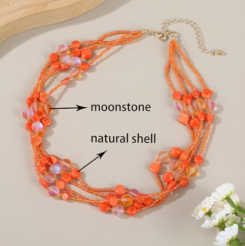 Colorful Natural or Synthetic Gemstone Choker Necklace for Women, Statement Sea Shell Crystal Beaded Multi-Strand Collar Necklace, Moonstone Jewelry Gift for Her4