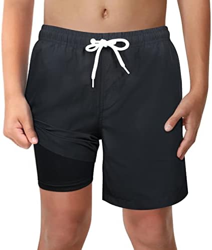 Boys Black Swim Trunks with Boxer Brief Liner Anti Chafe No Mesh Swimming Shorts Compression Lined 4-Way Stretchy UPF Quick Dry Swimsuit Size 10-12 Medium