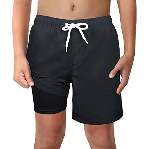 Boys Black Swim Trunks with Compression Liner Cover