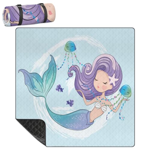 Shimoshe Extra Large Picnic Blankets 79”x 79”, Cute Mermaid Jelly Fishes Waterproof Foldable Picnic Mat with Straps Portable Beach Blanket for Camping Park Grass Beach Indoor