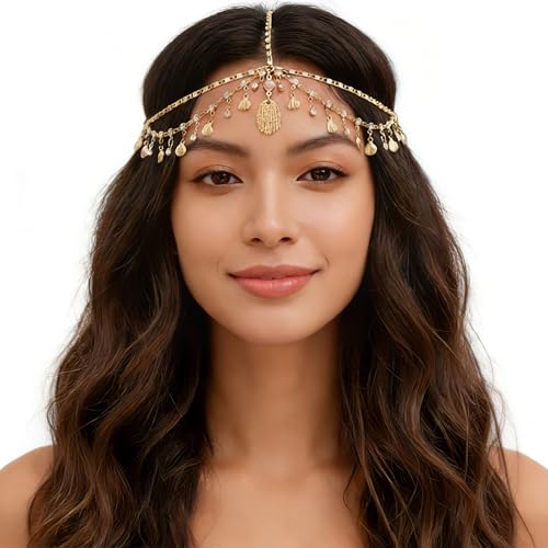 VOOSFSIE Chaîne de Tête de Déesse Dorée, Bijou de tête de diseuse de bonne aventure, Paillettes Boho gland de Cheveux, Chaîne de cheveux dorée, bijoux...