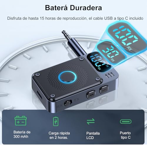 Transmisor Receptor Bluetooth 5.4 para TV a Auriculares, Adaptador Audio Bluetooth HiFi Estéreo con AUX 3,5mm Jack, Baja Latencia Emisor para Televisión/Altavoces/Avion/Coche - imagen 7