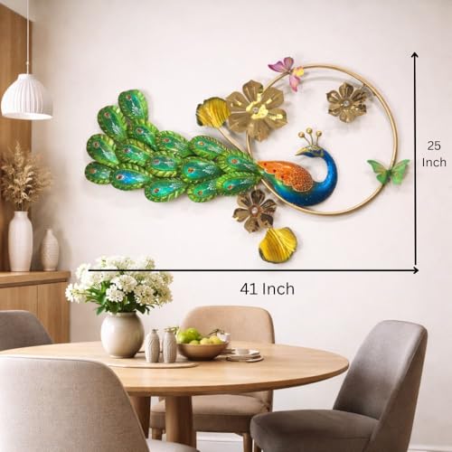 Image of SHREE 'O' GREEN TECH - Handcrafted Metal Big Golden Peacock Wall Art Leaf Frame Showpiece Multicolor Decor for Home, Living Room, Drawing Room & Bedroom Decor (Size 41x25 Inch)