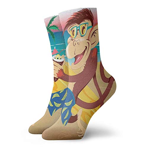 Fashion Compression Socks,Hipster Monkey With Surfboard And Glasses Drinking On Beach In Sunny Day Kids,Performance Polyester Cushioned Athletic Crew Socks for Running,Athletic, -12 inch