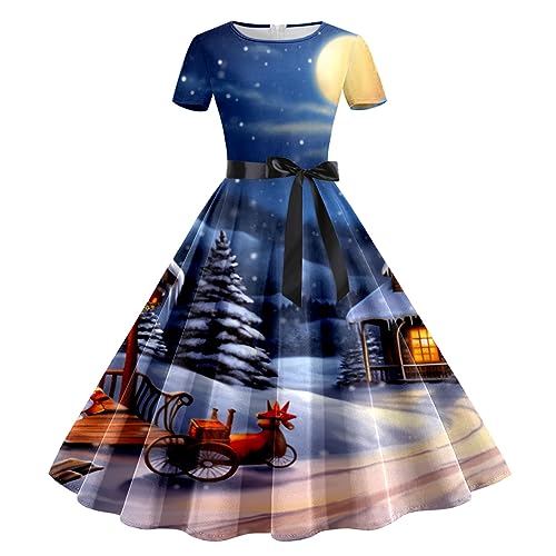 Kleid Weihnachten Damen Hepburn Kleider, Druck Vintage Kurzarm Lustig a Linie Weihnachtskleider Knielang Rundhals Tunikakleid XXL Festliche...