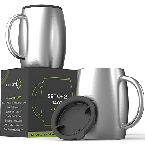 Comparison: Best Stainless Steel Coffee Mug With Handle 7 CHILLOUT LIFE Stainless Steel Insulated Coffee Mugs Set of 2 (14oz) – Double Wall Coffee Cups with Spill Resistant Lid & Strong Handle, Shatterproof Cups for Cold Drinks and Hot Beverages