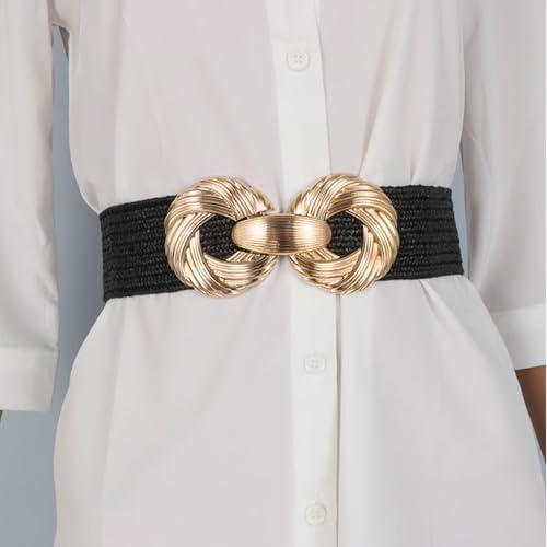 Circle Metal Buckle with Dress Suit Jacket Coat Wide Waist Belt for Women Stretchy Waist Cincher Belt2