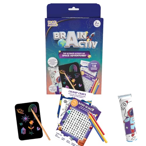Image of PlayMagic BrainActiv Kaleidoscope & Scratch Art Kit for Kids Age 5-14 - 1 Kaleidoscope, 8 Activity Sheets, 1 CYO Sheet, 2 Scratch Sheets, 2 Stylus, 10 Color Pencils - Return Gift for Boys & Girls