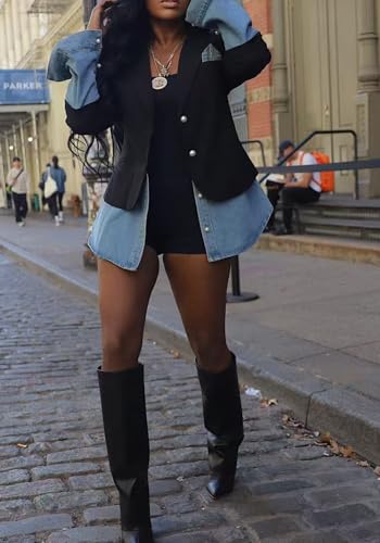 DINGANG Blazer Denim Jacket for Women Office Casual Long Sleeve Open Front Patchwork Jackets Coat3