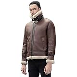 Neu Schaffellmantel Kurze Pelzjacke Herren B3 Bomberjacke Braun Lederjacke Motorrad Wintermantel (Dunkelbraun, Small)