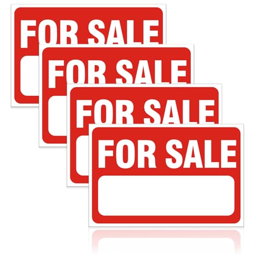 Image of 4 Pack Reflective For Sale Sign Stickers, 12 inch x 8 inch Weatherproof Vinyl Decals, UV & Fade Resistant Self-Adhesive Stickers for Car Windows, Doors, Business & Real Estate (Red & White)