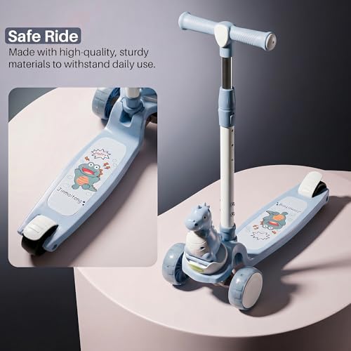 Image of Baybee Dino Blaze Kick Scooter for Kids | 3 Wheel Skate Scooter with RGB LED Wheels & Music | 3 Height Adjustable T-Bar Handle & Rear Brake | Foldable Skate Scooter for Kids 3 to 8 Years (Dark Blue)