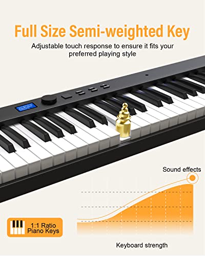Konix Folding Piano Keyboard, 88 Keys Full Size Semi-Weighted Foldable Piano, Portable Electric Keyboard Piano With Light Up Key, Sustain Pedal, Piano Stickers, Sheet Music Stand And Piano Bag, Black #TOP1