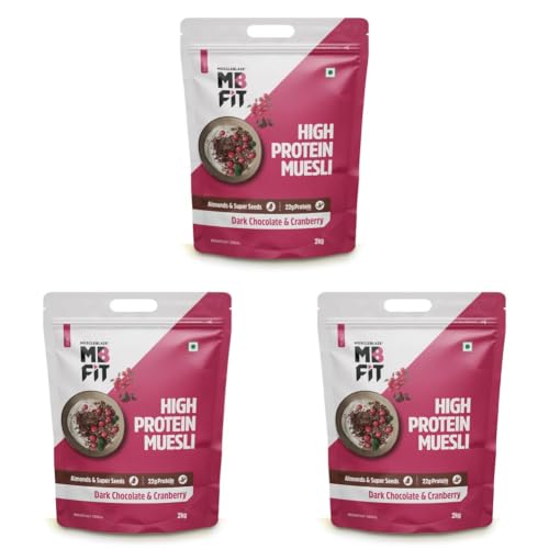 Image of MuscleBlaze Fit High Protein Muesli (2kg, Dark Chocolate & Cranberry) | 22g Protein | With Raisins, Almonds & Super Seeds, High Protein Breakfast Cereals (Pack of 3)