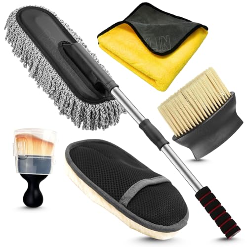 Image of Porslin 5 Pcs Microfiber Car Duster Kit | Extendable Long Handle Cleaning Tools | Scratch-Free Interior & Exterior Brush Set | Lint-Free Car Accessories for Cars, SUVs, Bikes & Home Detailing