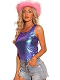 Allegra K Women's Shiny Party Club Cami Sparkly Metallic Tank Top Medium Blue Purple