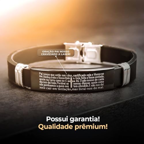 Pulseira Masculina Pai Nosso Aço Preta Bracelete Premium Oração